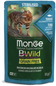 Monge Cat BWild Grain Free Sterilised — беззерновые паучи с тунцом, креветками и овощами для стерилизованных кошек, 85 г