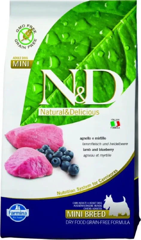 Сухой беззерновой корм Farmina N&D Prime Adult Mini, для взрослых собак мелких пород, ягненок с черникой