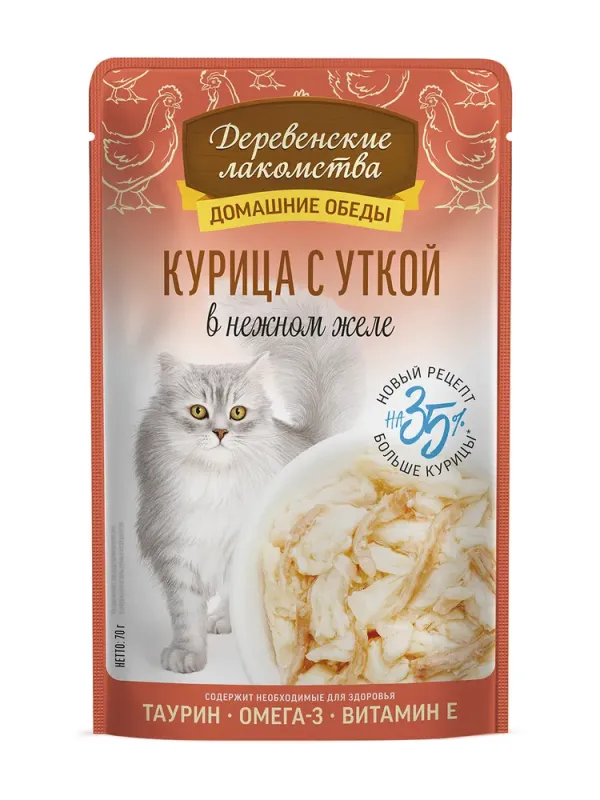 Влажный корм для кошек "Деревенские лакомства" Курица с уткой в нежном желе, 70 гр