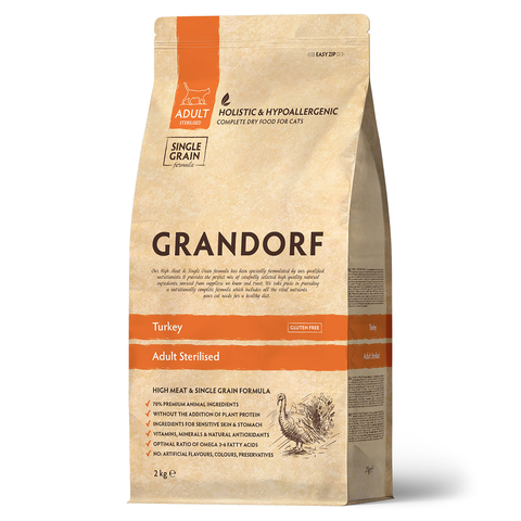 GRANDORF Turkey & Brown Rice Adult Sterilised — индейка с бурым рисом для взрослых стерилизованных кошек, 2 кг