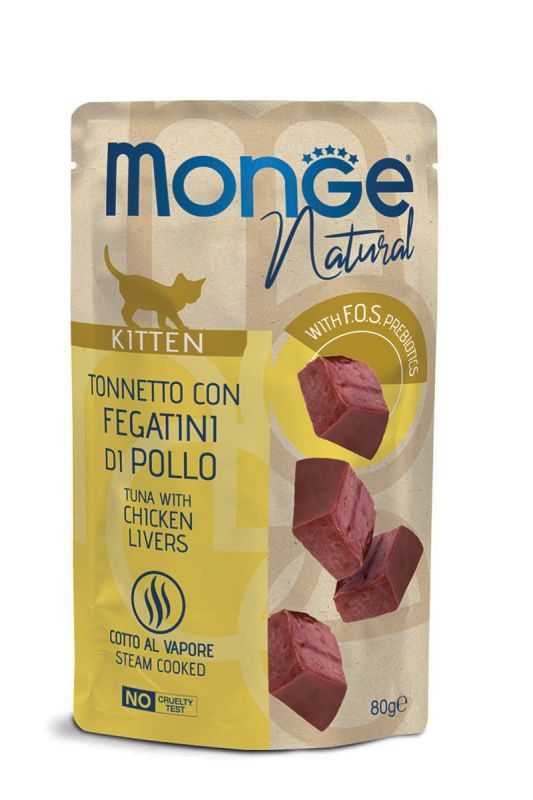 Monge Natural Kitten Tuna with Chicken Livers — влажный корм для котят с тунцом и куриной печенью, пауч 80 г