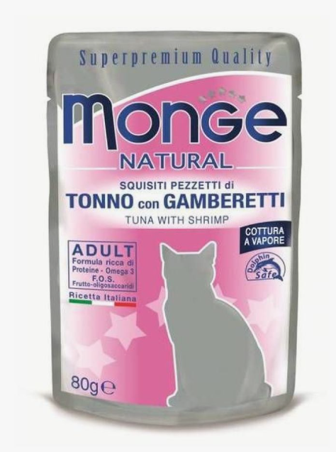 Monge Natural Adult Tuna with Shrimps — влажный корм для взрослых кошек с тунцом и креветками в желе, пауч 80 г